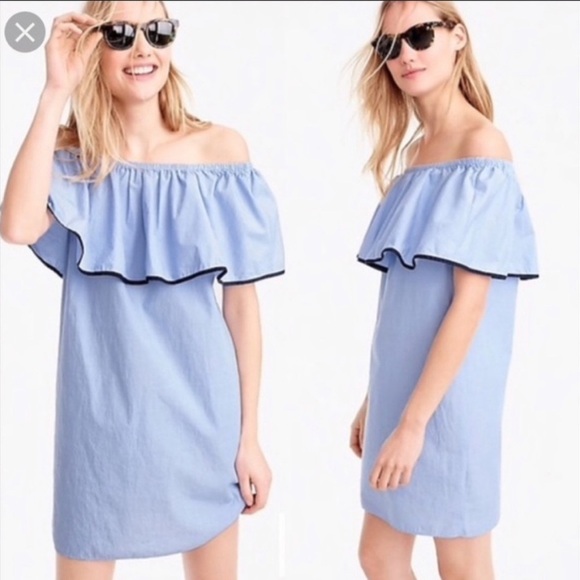 J. Crew Dresses & Skirts - J. CREW Tipped Off The Shoulder Ruffle Blue Cotton Mini Dress XS